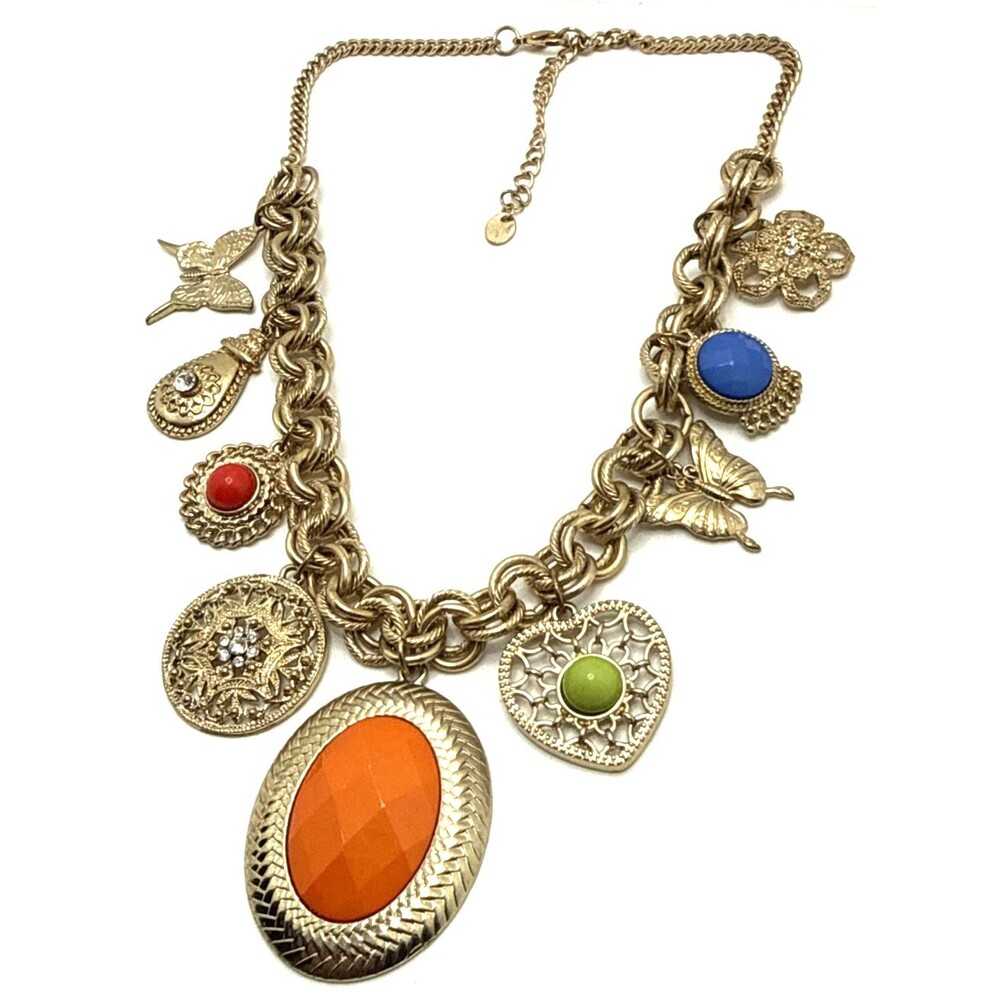 Vintage NENA Charm Necklace Butterflies Flower Heart Rhinestones 19" to 21"